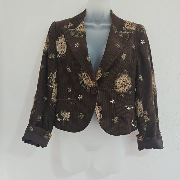 Vtg Boho Chic Chocolate Brown Embroidered Floral Jacket Western Blazer Sz 6 - Picture 5 of 10